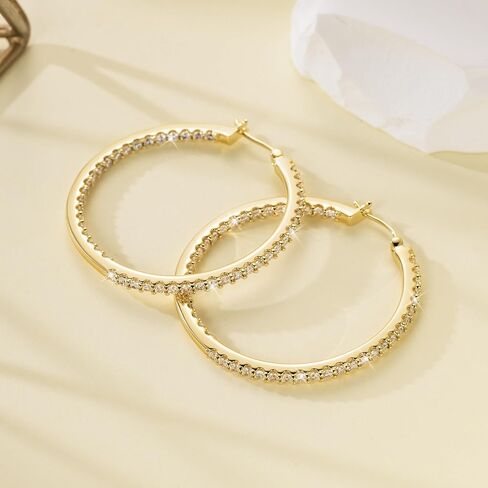 NICRET 14K أقراط طارة ذهب للنساء هوب أقراط مزدوجة الماس الأطواق القرط كبير الأطواق الذهبية القرط 40*2 مللي متر in Kuwait