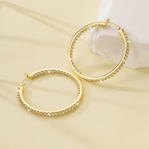 NICRET 14K أقراط طارة ذهب للنساء هوب أقراط مزدوجة الماس الأطواق القرط كبير الأطواق الذهبية القرط 40*2 مللي متر in Kuwait