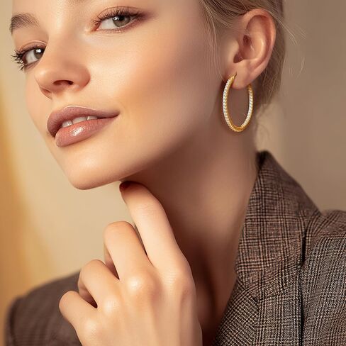 NICRET 14K أقراط طارة ذهب للنساء هوب أقراط مزدوجة الماس الأطواق القرط كبير الأطواق الذهبية القرط 40*2 مللي متر in Kuwait