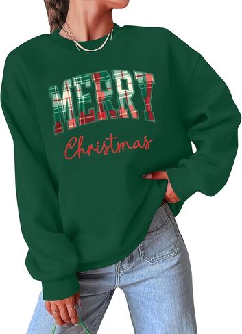 Merry Christmas Sweatshirts for Women Christmas Embroidery Outfits Merry Plaid Lightweight Pullover Tops in Saudi Arabia