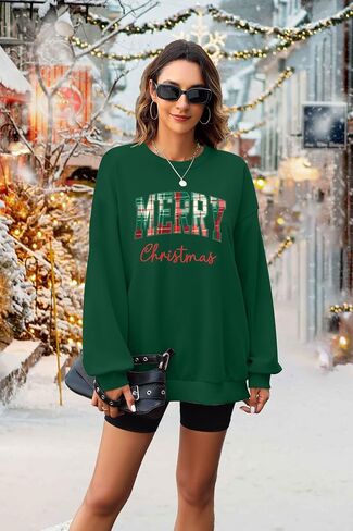 Merry Christmas Sweatshirts for Women Christmas Embroidery Outfits Merry Plaid Lightweight Pullover Tops in Saudi Arabia