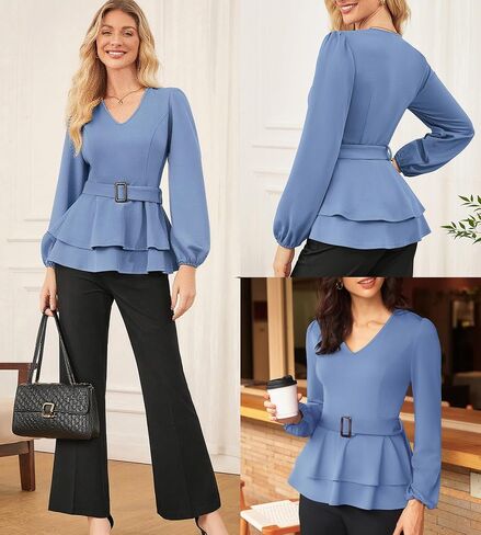 GRACE KARIN Women Work Peplum Tops,Long Sleeve Dressy Casual Blouses,V Neck Business Shirt Fall Outfits with Belt in Saudi Arabia