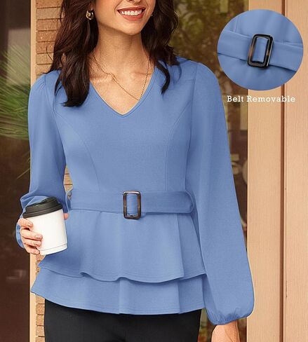 GRACE KARIN Women Work Peplum Tops,Long Sleeve Dressy Casual Blouses,V Neck Business Shirt Fall Outfits with Belt in Saudi Arabia