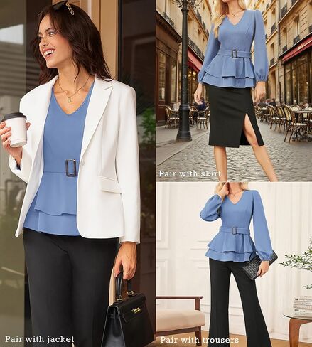GRACE KARIN Women Work Peplum Tops,Long Sleeve Dressy Casual Blouses,V Neck Business Shirt Fall Outfits with Belt in Saudi Arabia