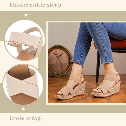 Putu المرأة الصنادل إسبادريل إسفين مطاطا الكاحل حزام الصنادل منصة مفتوحة اصبع القدم متقاطع صندل كعب عريض 8 عارية in Kuwait
