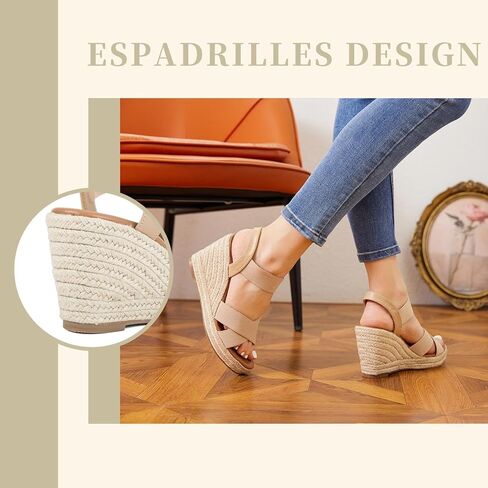 Putu المرأة الصنادل إسبادريل إسفين مطاطا الكاحل حزام الصنادل منصة مفتوحة اصبع القدم متقاطع صندل كعب عريض 8 عارية in Kuwait