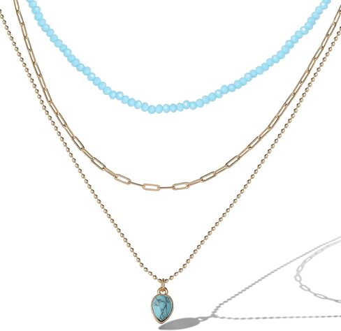 Jessica Simpson Turquoise and Blue Bead Layered Necklace for Women, 15"-18.5"+3" Gold-Tone Multilayer Necklaces 3-Strand in Saudi Arabia