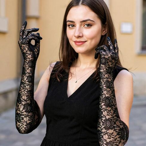 Long Lace Gloves Women Floral Elegant Lace Tea Party Opera Gloves Elbow Length for Halloween Dance Dress Wedding in Saudi Arabia