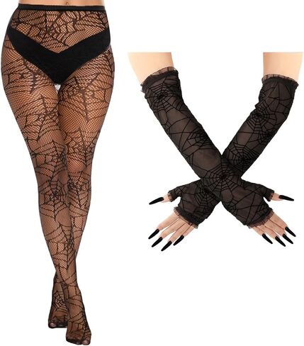 Lusofie Halloween Spiderweb Tights With Black Fingerless Gloves for Women Lace Spider Web Gloves Spider Web Arm Warmer Long Witch Costume Accessories Halloween Costume Thigh High Socks in Saudi Arabia