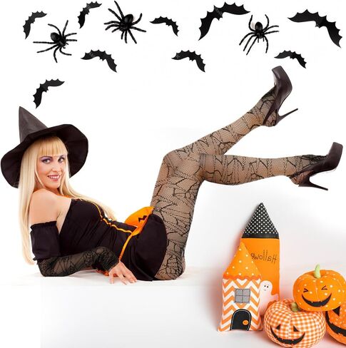Lusofie Halloween Spiderweb Tights With Black Fingerless Gloves for Women Lace Spider Web Gloves Spider Web Arm Warmer Long Witch Costume Accessories Halloween Costume Thigh High Socks in Saudi Arabia