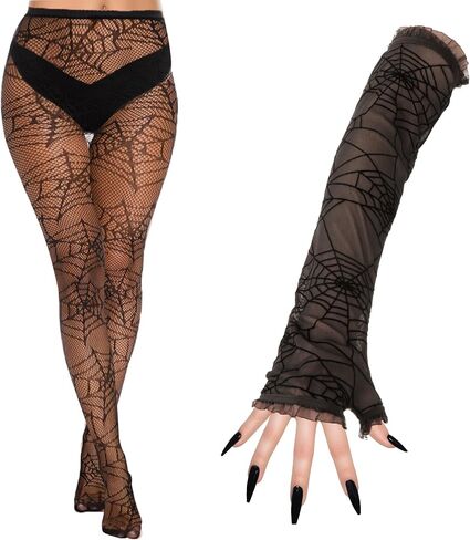 Lusofie Halloween Spiderweb Tights With Black Fingerless Gloves for Women Lace Spider Web Gloves Spider Web Arm Warmer Long Witch Costume Accessories Halloween Costume Thigh High Socks in Saudi Arabia