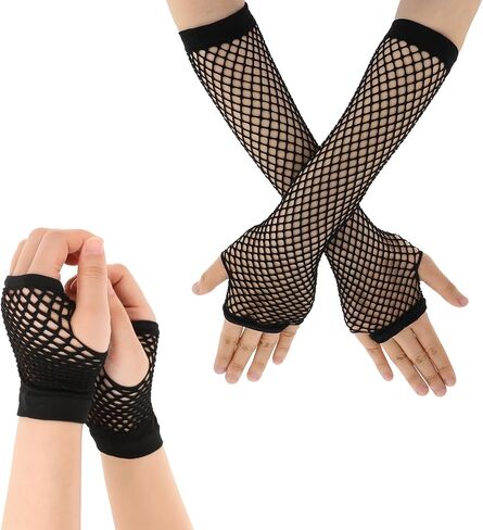 2 Pairs Fingerless Mesh Gloves Fishnet Gloves Long Neon Fingerless Fishnet Glove Short Fishnets Mesh Glove Fish Net Arm Sleeves 80s Party Cosplay Costume Accessories, Halloween Accessories (Black) in Saudi Arabia