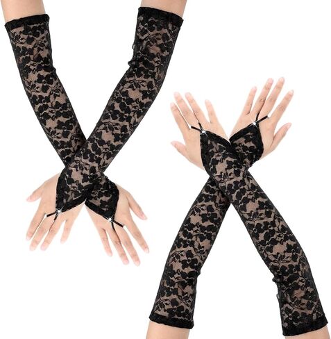 زوجان من قفازات الدانتيل بدون أصابع للنساء، قفازات دانتيل بطول الكوع، قفاز طويل Y2k، ذراع أنيق لحفلات الأوبرا التنكرية 20 ثانية، مساء الزفاف، العشاء، الزفاف، أسود in Kuwait