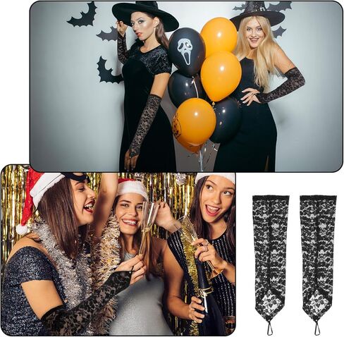 زوجان من قفازات الدانتيل بدون أصابع للنساء، قفازات دانتيل بطول الكوع، قفاز طويل Y2k، ذراع أنيق لحفلات الأوبرا التنكرية 20 ثانية، مساء الزفاف، العشاء، الزفاف، أسود in Kuwait