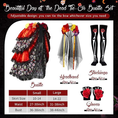Hercicy 4 Pcs Halloween Day of The Dead Costum for Women Skeleton Mexican Lady Skull Outfit Dress Headpiece Glove Sock in Saudi Arabia