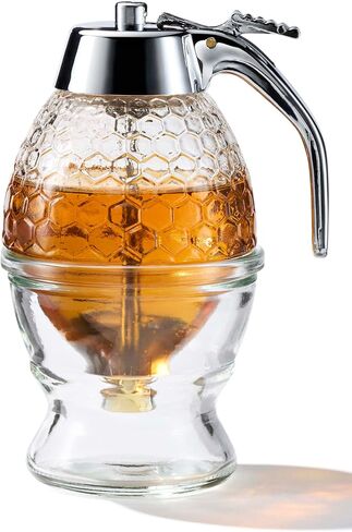 Glass Honey Dispenser Jar - Premium No Drip Design, Elegant Honeycomb Shape with White Lid - Durable Glass & ABS for Honey and Syrup in Saudi Arabia