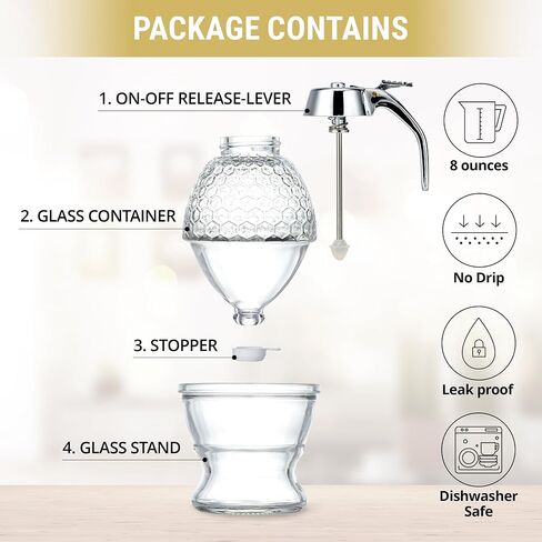 Glass Honey Dispenser Jar - Premium No Drip Design, Elegant Honeycomb Shape with White Lid - Durable Glass & ABS for Honey and Syrup in Saudi Arabia