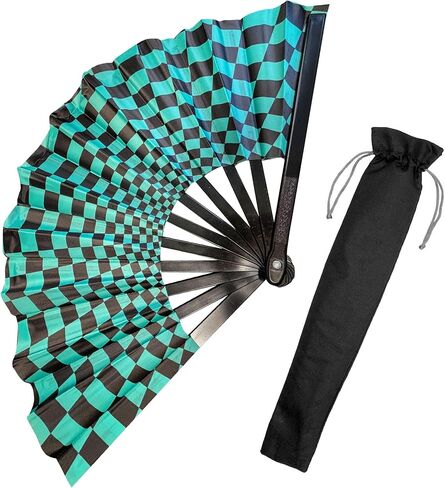 Black and Green Checkered Rave Fan - Anime Merch Tanjiro Themed Parties and EDM Festivals - Includes Carrying Bag 25 X 13 Inches in Saudi Arabia
