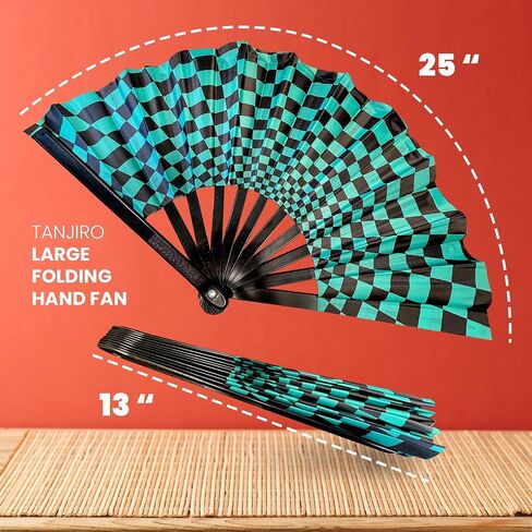 Black and Green Checkered Rave Fan - Anime Merch Tanjiro Themed Parties and EDM Festivals - Includes Carrying Bag 25 X 13 Inches in Saudi Arabia