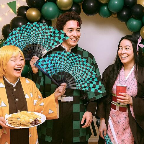Black and Green Checkered Rave Fan - Anime Merch Tanjiro Themed Parties and EDM Festivals - Includes Carrying Bag 25 X 13 Inches in Saudi Arabia