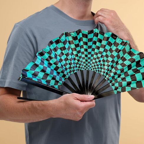 Black and Green Checkered Rave Fan - Anime Merch Tanjiro Themed Parties and EDM Festivals - Includes Carrying Bag 25 X 13 Inches in Saudi Arabia