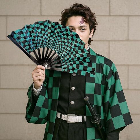 Black and Green Checkered Rave Fan - Anime Merch Tanjiro Themed Parties and EDM Festivals - Includes Carrying Bag 25 X 13 Inches in Saudi Arabia