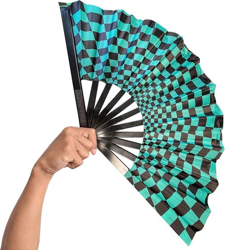 Black and Green Checkered Rave Fan - Anime Merch Tanjiro Themed Parties and EDM Festivals - Includes Carrying Bag 25 X 13 Inches in Saudi Arabia