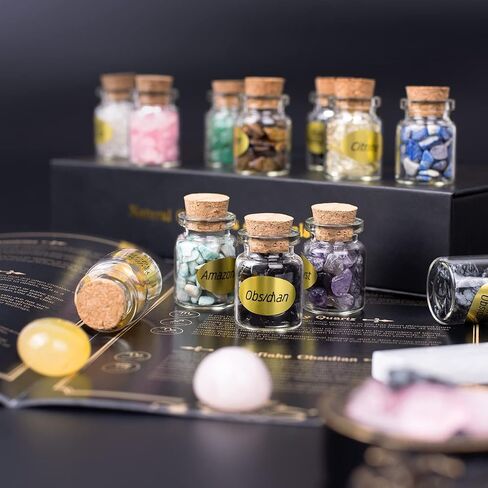 مجموعة كريستال علاجي مكونة من 16 قطعة في زجاجات زجاجية صغيرة - تشكيلة ممتازة من الأحجار الكريمة للريكي والتأمل والحرف اليدوية والديكور، أ، 16 برطمانًا in Kuwait