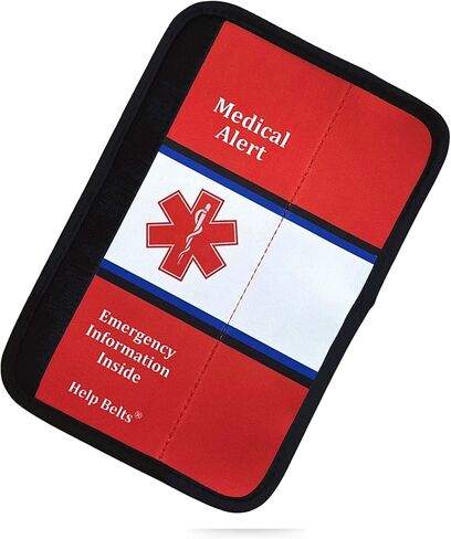غطاء حزام الأمان للتنبيه الطبي لأي حالة/متعددة للأطفال والكبار (9 بوصات) مع نموذج معلومات الطوارئ وجيب من أحزمة المساعدة. أحمر/أبيض in Kuwait