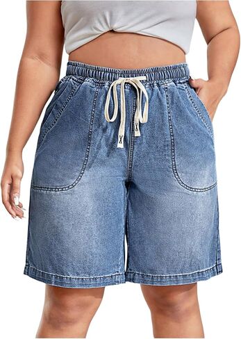 Floerns Women's Plus Size Drawstring Denim Shorts Casual Wide Leg Jean Shorts with Pocket in Saudi Arabia