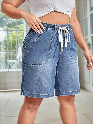 Floerns Women's Plus Size Drawstring Denim Shorts Casual Wide Leg Jean Shorts with Pocket in Saudi Arabia