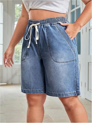 Floerns Women's Plus Size Drawstring Denim Shorts Casual Wide Leg Jean Shorts with Pocket in Saudi Arabia
