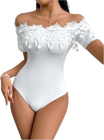 OYOANGLE Women's Elegant Floral Appliques Off Shoulder Short Sleeve Bodysuit Leotard Tops in Saudi Arabia