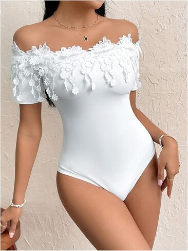 OYOANGLE Women's Elegant Floral Appliques Off Shoulder Short Sleeve Bodysuit Leotard Tops in Saudi Arabia