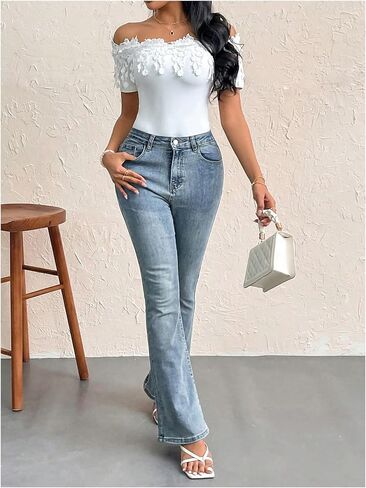 OYOANGLE Women's Elegant Floral Appliques Off Shoulder Short Sleeve Bodysuit Leotard Tops in Saudi Arabia