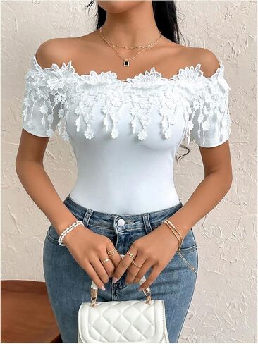 OYOANGLE Women's Elegant Floral Appliques Off Shoulder Short Sleeve Bodysuit Leotard Tops in Saudi Arabia