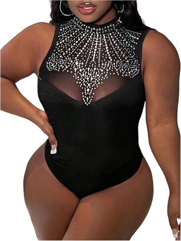 WDIRARA Women's Plus Size Sparkly Rhinestone Tank Bodysuit Party Mock Neck Sleeveless Body Suit in Saudi Arabia