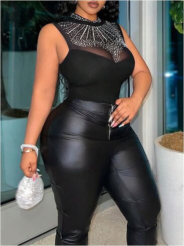 WDIRARA Women's Plus Size Sparkly Rhinestone Tank Bodysuit Party Mock Neck Sleeveless Body Suit in Saudi Arabia