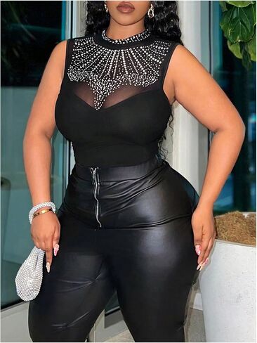 WDIRARA Women's Plus Size Sparkly Rhinestone Tank Bodysuit Party Mock Neck Sleeveless Body Suit in Saudi Arabia
