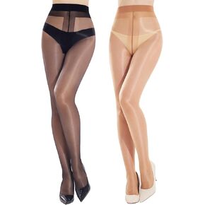 2 Pairs Shiny Pantyhose for Women Sheer Shimmer Tights 20D Snag Resistant Gloss Stockings High Waist in Kuwait