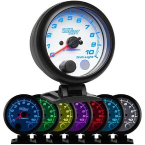 مقياس سرعة الدوران GlowShift White 7 ألوان 10,000 دورة في الدقيقة - لمحركات تعمل بالغاز من 1 إلى 10 أسطوانات - ضوء ناقل مدمج - يتم تركيبه على لوحة القيادة - قرص أبيض - عدسة شفافة - 3-3/4 بوصة 95 مم in Kuwait