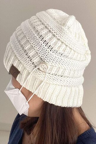 ScarvesMe Women Men Solid Color Ribbed Beanie Hat with Button for Mask in Kuwait