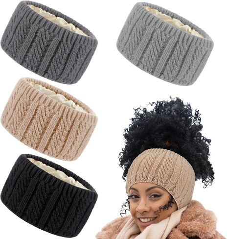4 Pack Satin Lined Winter Headbands for Women, Silk Lined Messy Bun Ponytail Beanie Cap, Winter Warm Knit Thick Hat Ear Warmers for Natural Curly Black Ponytail Hair in Saudi Arabia
