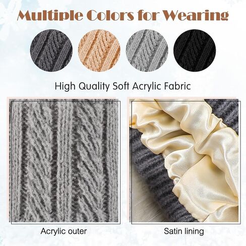 4 Pack Satin Lined Winter Headbands for Women, Silk Lined Messy Bun Ponytail Beanie Cap, Winter Warm Knit Thick Hat Ear Warmers for Natural Curly Black Ponytail Hair in Saudi Arabia