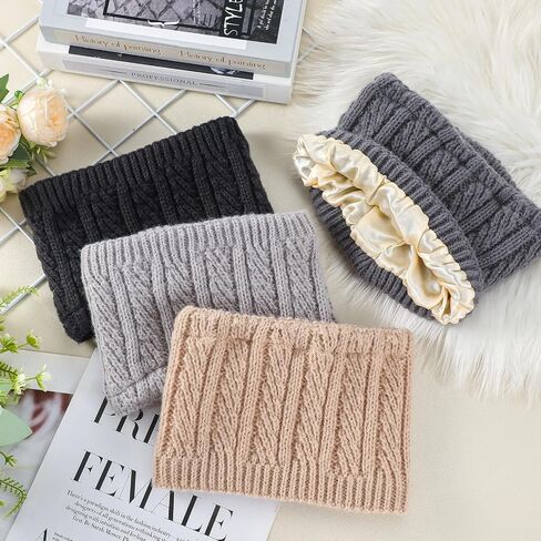 4 Pack Satin Lined Winter Headbands for Women, Silk Lined Messy Bun Ponytail Beanie Cap, Winter Warm Knit Thick Hat Ear Warmers for Natural Curly Black Ponytail Hair in Saudi Arabia