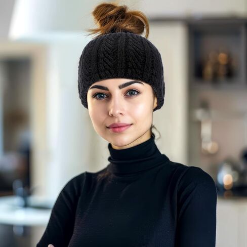 4 Pack Satin Lined Winter Headbands for Women, Silk Lined Messy Bun Ponytail Beanie Cap, Winter Warm Knit Thick Hat Ear Warmers for Natural Curly Black Ponytail Hair in Saudi Arabia