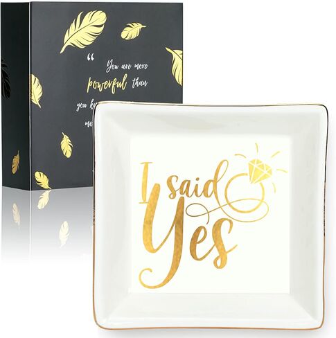 Ring Dish for Engagement, Ceramic Jewelry Dish, Trinket Dish Tray, Jewelry Organizer, Gift Box & Card Included, Perfect for Anniversary/Valentine's Day/Wedding - I Said Yes in Saudi Arabia