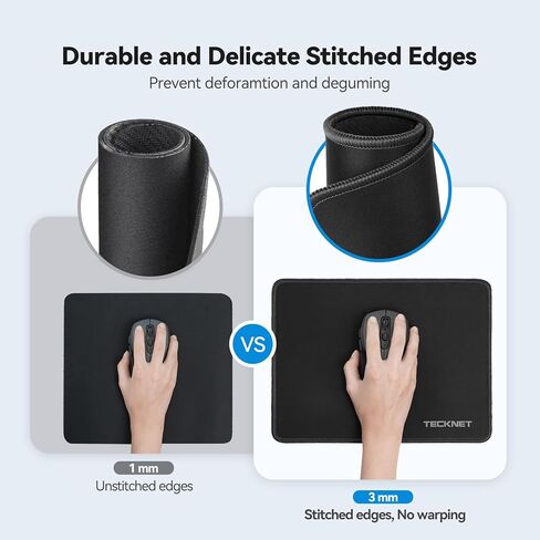 TECKNET 3 Pack Mouse Pad with Anti-fray Stitching, Waterproof Surface & Non-Slip Rubber Base with Stitched Edges Gaming Mouse Mat for Laptop，Compatible with Laser and Optical Mice - Black in Kuwait