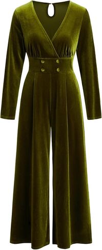 CIDER Womens Velvet Jumpsuit Long Sleeve V Neck Wide Leg Elegant Romper in Kuwait