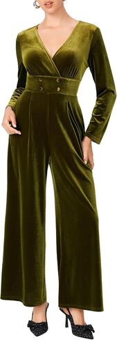 CIDER Womens Velvet Jumpsuit Long Sleeve V Neck Wide Leg Elegant Romper in Kuwait